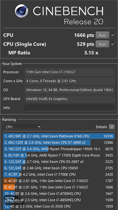 Тест Cinebench R20 (аккумулятор)