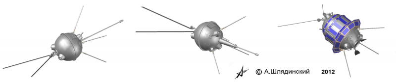 Первые советские автоматические станции «Луна-1» (Е-1), «Луна-2» (Е-1А) и «Луна-3» (Е-2А). Рисунок А.Шлядинского. Источник https://vk.com/album25885042_168258766