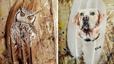 Фото - В качестве холста для своих работ художница использует птичьи перья