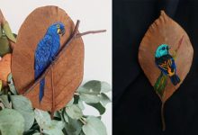 Фото - Художница использует сухие листья, чтобы вышивать на них птиц