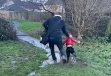 Фото - Вовремя схватив сына, отец не дал ему пробежаться по грязной луже