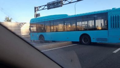 Фото - В Санкт-Петербурге голубой пассажирский автобус повис на разделительной полосе