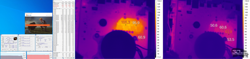 Нагрев конвертера питания ASUS PRIME B450M-A при использовании AMD Ryzen 7 3800X: слева — Blender, справа — «Ведьмак-3»