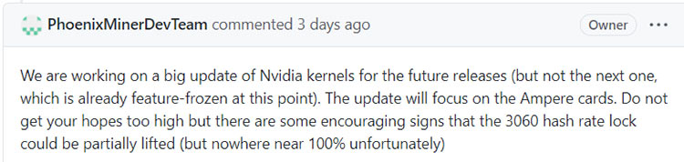 Команда разработчиков Phoenix Miner по поводу майнинга ETH на RTX 3060 (Github)