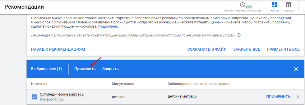 Применение рекомендаций Google в рекламном кабинете